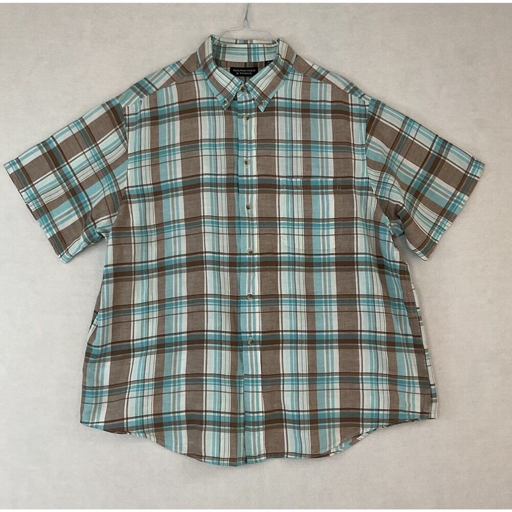 Roundtree & Yorke Shirt Men’s XXL Plaid Linen Blend Short Sleeve Button Down